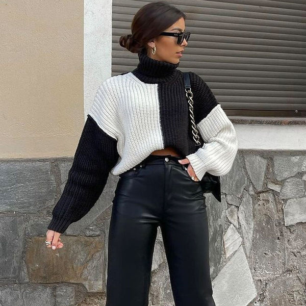 Monochrome Black Color Block Oversized Turtleneck Pullover Sweater