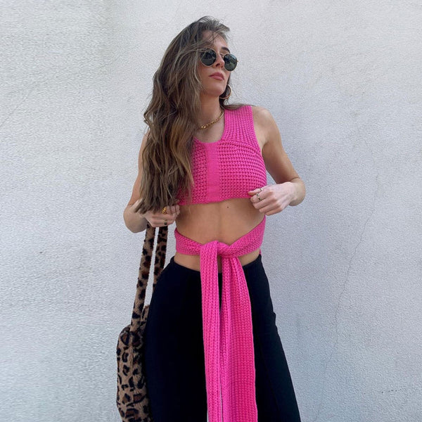 Multi Way Tie Strap Sleeveless Cropped Knit Wrap Top