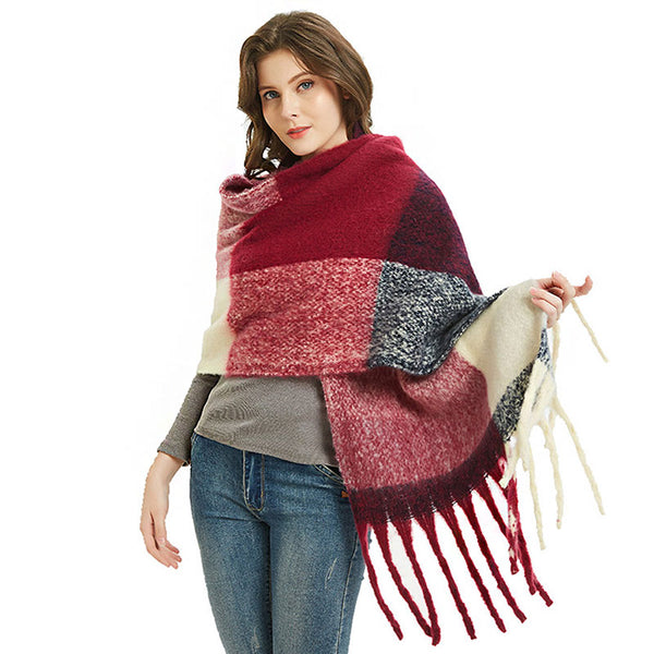 Multicolor Burgundy Check Pattern Fringe Trim Oversized Knit Scarf