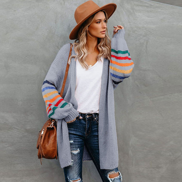 Multicolor Striped Long Sleeve Open Front Knit Cardigan