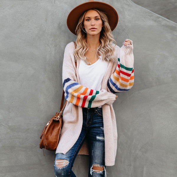 Multicolor Striped Long Sleeve Open Front Knit Cardigan