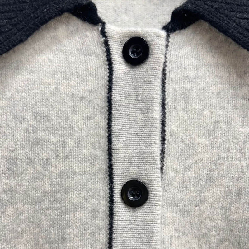 Nautical Gray Contrast Trim Folded Collar Button Up Wool Knit Cardigan