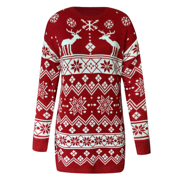Nordic Fair Isle Red Christmas Snowflake Jacquard Knit Mini Sweater Dress