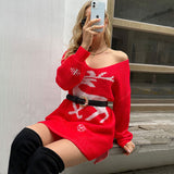 Oversized Red Christmas Reindeer Print Side Slit High Low Long Sweater