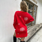 Oversized Red Christmas Reindeer Print Side Slit High Low Long Sweater
