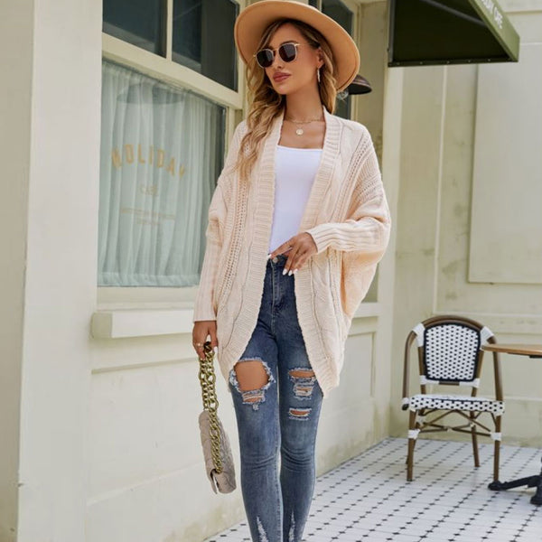 Oversized Chunky Cable Knit Drop Shoulder Open Front Cream Cocoon Cardigan