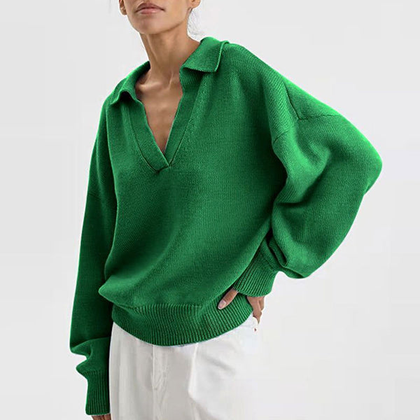Oversized Collared V Neck Long Sleeve Pullover Knit Sweater
