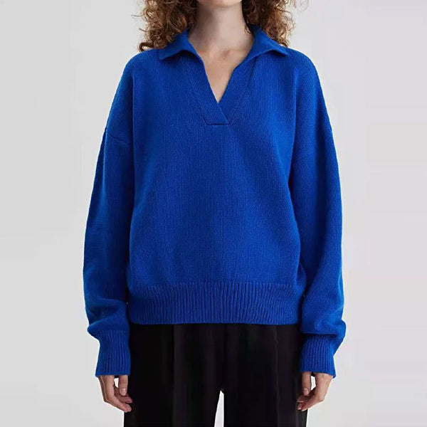Oversized Collared V Neck Long Sleeve Pullover Knit Sweater