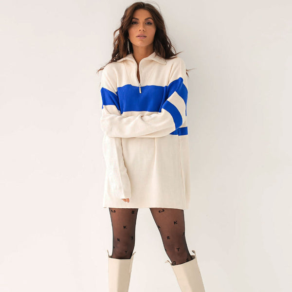 Oversized Contrast Stripe Half Zip Collared Sweater Mini Dress