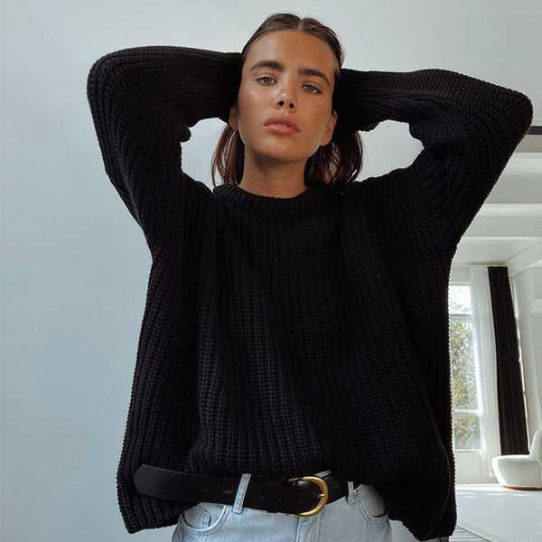 Oversized Crew Neck Drop Shoulder Pullover Chunky Knit Sweater