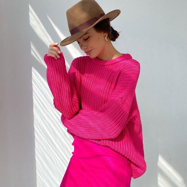 Oversized Crew Neck Drop Shoulder Pullover Chunky Knit Sweater