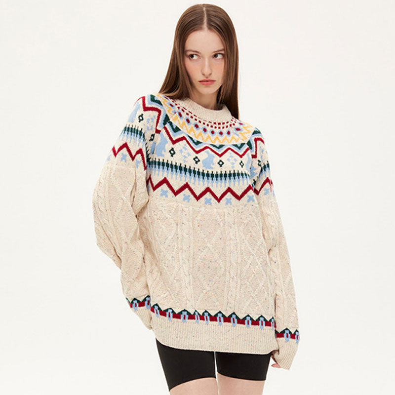 Oversized Off White Crew Neck Fisherman Cable Knit Fair Isle Sweater