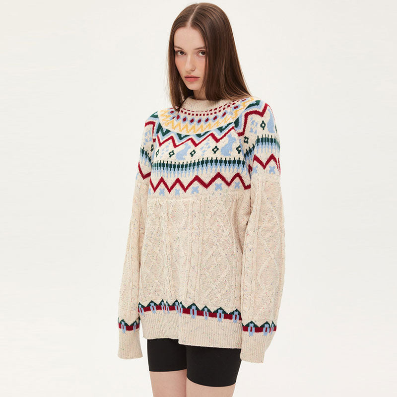Oversized Off White Crew Neck Fisherman Cable Knit Fair Isle Sweater