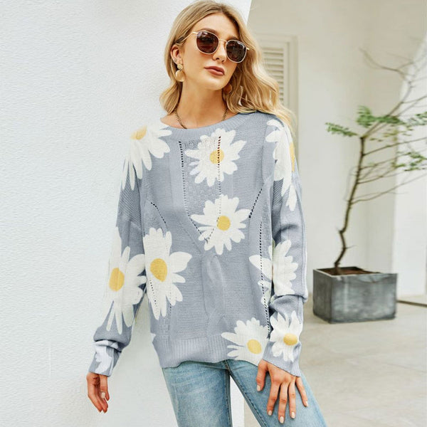 Oversized Crew Neck Sunflower Pointelle Cable Knit Sweater