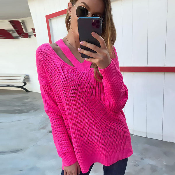Oversized Hot Pink Cut Out V Neck Drop Shoulder Brioche Rib Knit Sweater