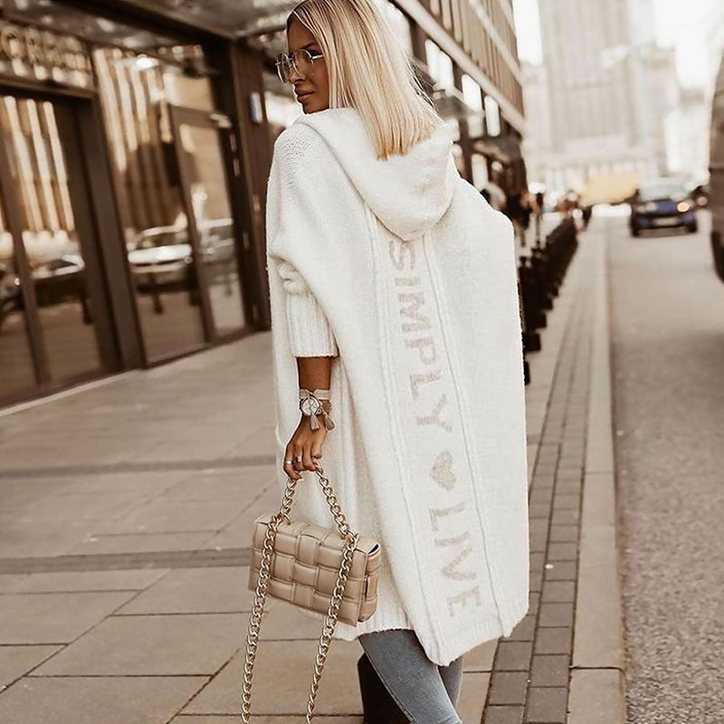 Oversized Dolman Sleeve Graphic Hooded Open Front White Knit Cardigan