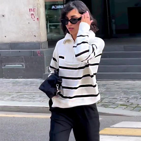 Oversized Foldover Collar Contrast Black and White Striped Half Zip Sweater
