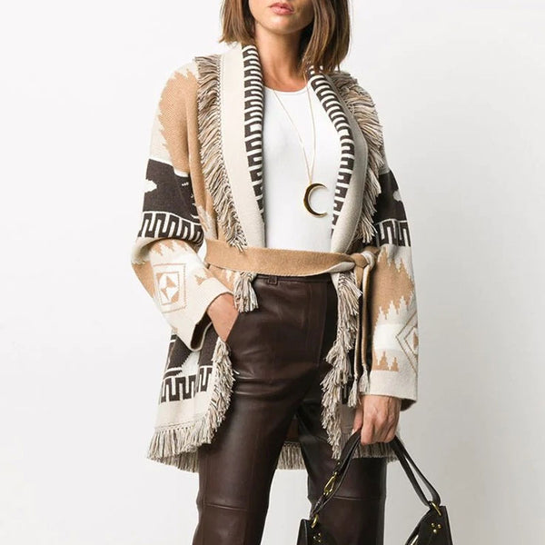 Oversized Fringe Shawl Lapel Graphic Jacquard Knit Wool Blend Cardigan