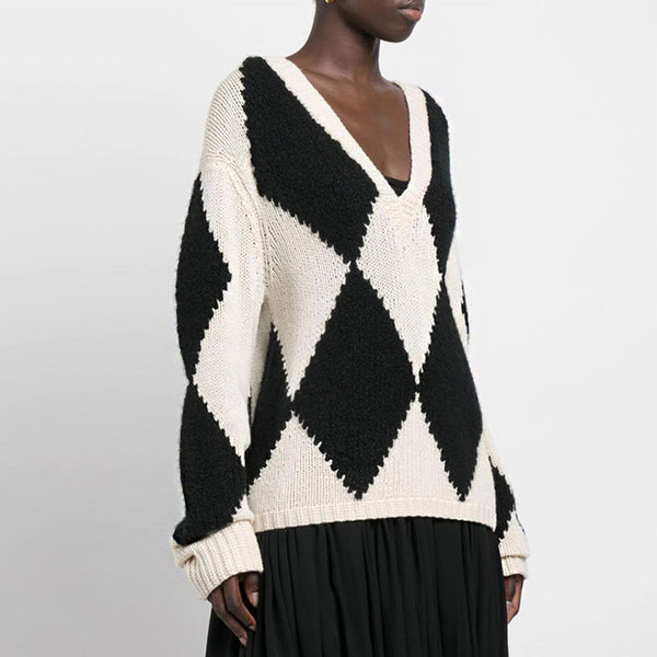 Oversized Black Harlequin Argyle V Neck Long Sleeve Pullover Sweater