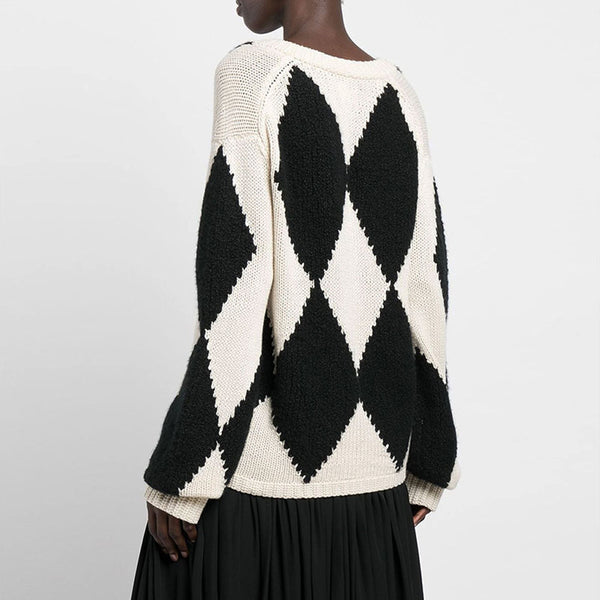 Oversized Black Harlequin Argyle V Neck Long Sleeve Pullover Sweater
