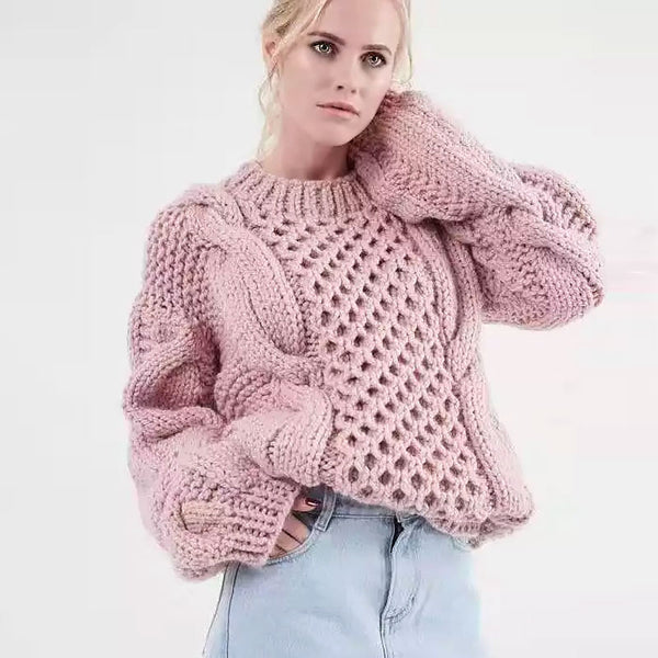 Oversized Puff Sleeve Pink Fisherman Cable Pattern Hand Knit Chunky Sweater