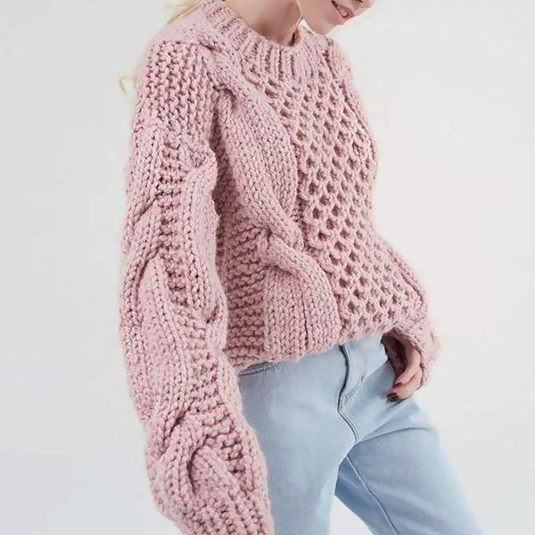 Oversized Puff Sleeve Pink Fisherman Cable Pattern Hand Knit Chunky Sweater