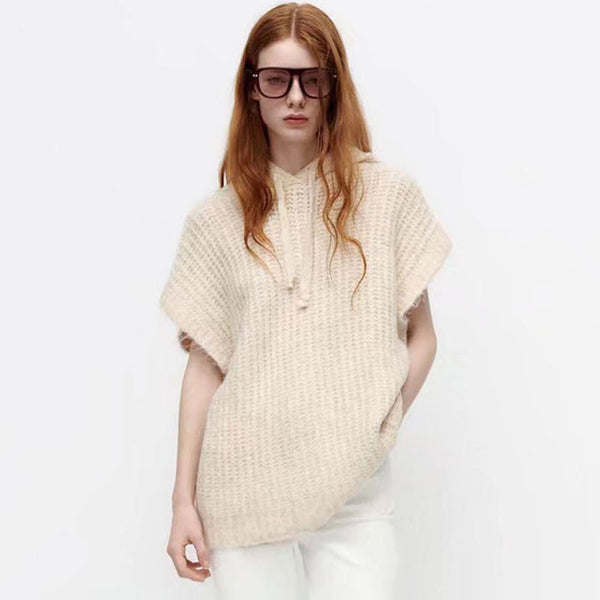 Oversized Short Sleeve Beige Brioche Rib Knit Hooded Pullover Sweater