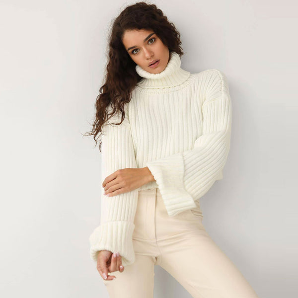 Oversized Solid Color Turtleneck Drop Shoulder Cropped Sweater