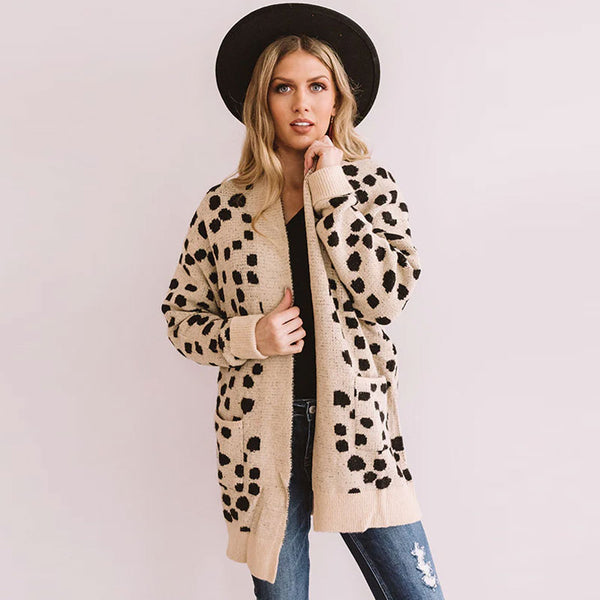 Oversized Spotted Pattern Patch Pocket Open Front Cardigan