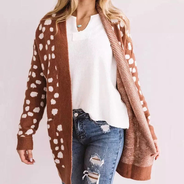 Oversized Spotted Pattern Patch Pocket Open Front Cardigan
