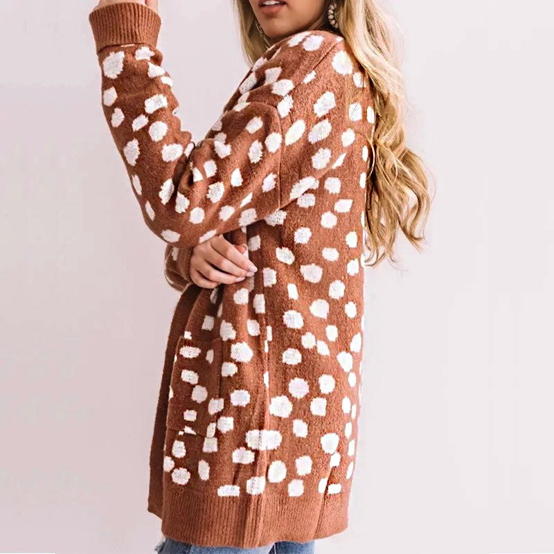 Oversized Spotted Pattern Patch Pocket Open Front Cardigan