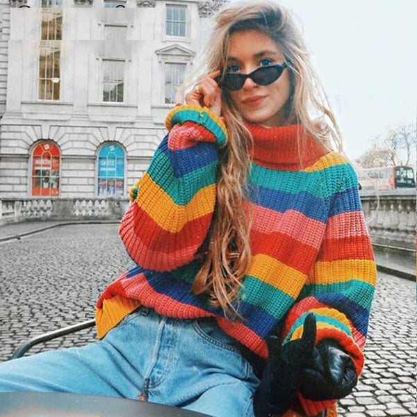 Oversized Multicolor Turtleneck Bishop Sleeve Rainbow Striped Knit Sweater