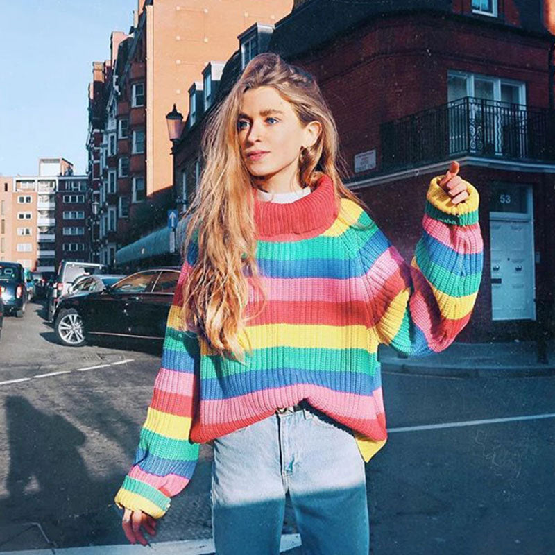 Oversized Multicolor Turtleneck Bishop Sleeve Rainbow Striped Knit Sweater