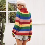 Oversized Multicolor Turtleneck Bishop Sleeve Rainbow Striped Knit Sweater