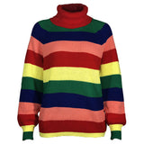Oversized Multicolor Turtleneck Bishop Sleeve Rainbow Striped Knit Sweater