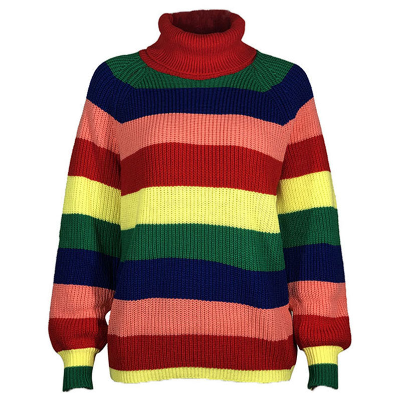 Oversized Multicolor Turtleneck Bishop Sleeve Rainbow Striped Knit Sweater