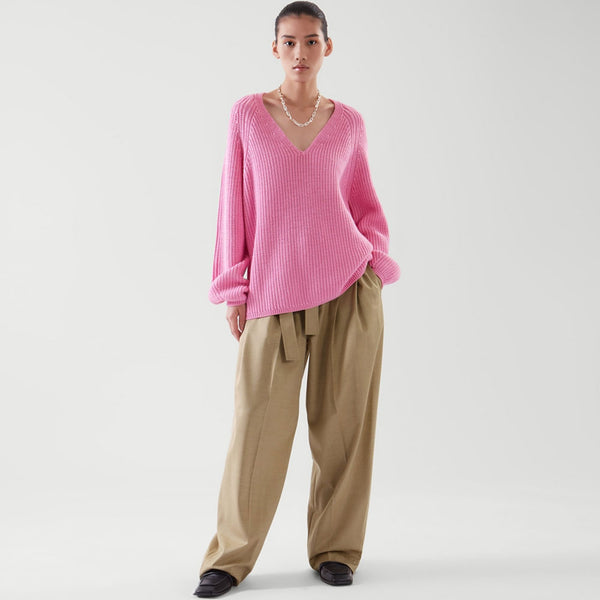 Oversized Pink V Neck Raglan Sleeve Wool Blend Brioche Rib Knit Sweater