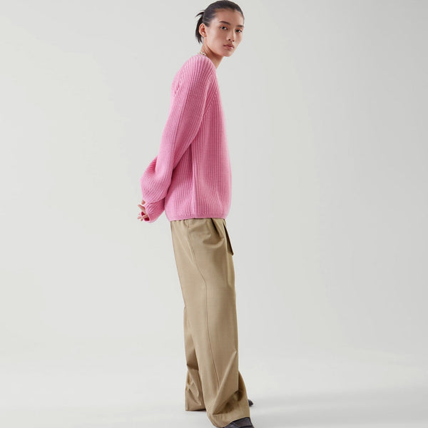 Oversized Pink V Neck Raglan Sleeve Wool Blend Brioche Rib Knit Sweater