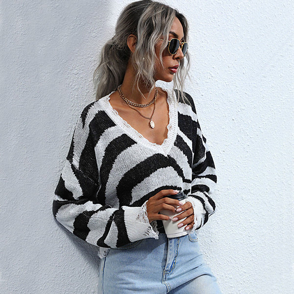 Oversized Black Zebra Print Distressed Trim V Neck Pullover Sweater