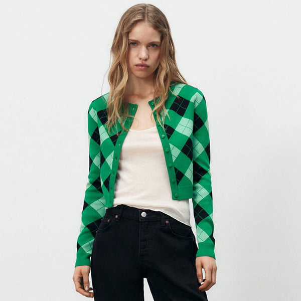 Preppy Argyle Pattern Crew Neck Button Up Cropped Cardigan