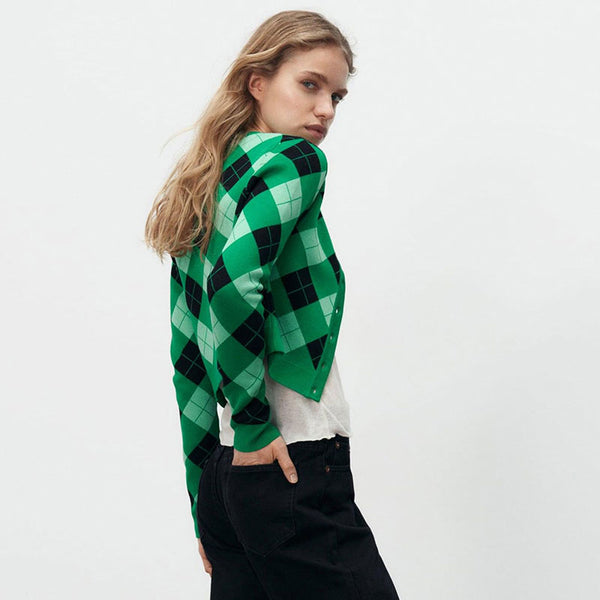 Preppy Argyle Pattern Crew Neck Button Up Cropped Cardigan