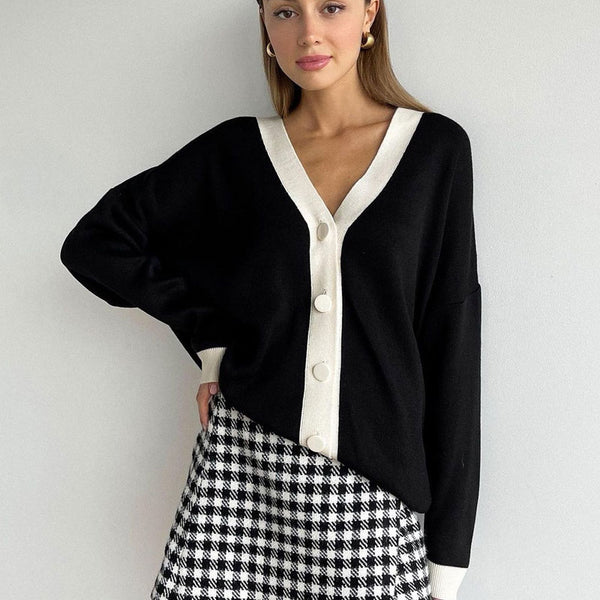 Preppy Contrast Rib Knit V Neck Button Up Oversized Cardigan