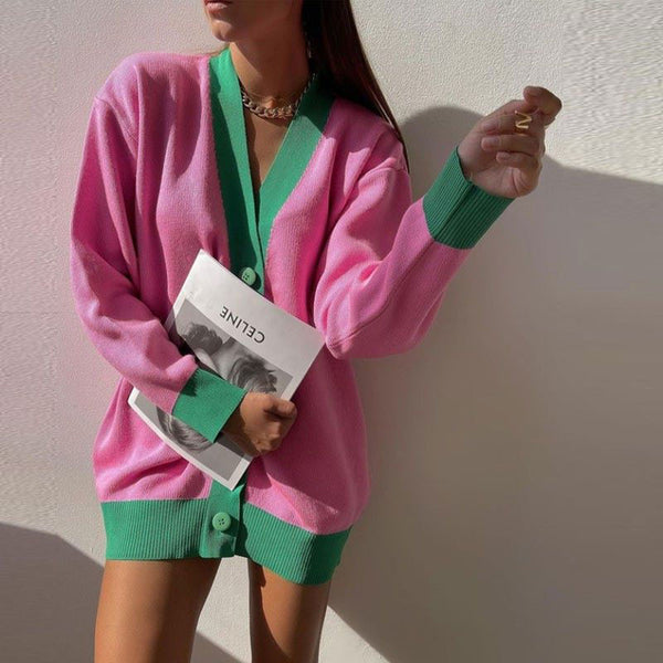 Preppy Contrast Rib Knit V Neck Button Up Oversized Cardigan
