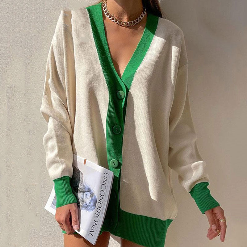 Preppy Contrast Rib Knit V Neck Button Up Oversized Cardigan