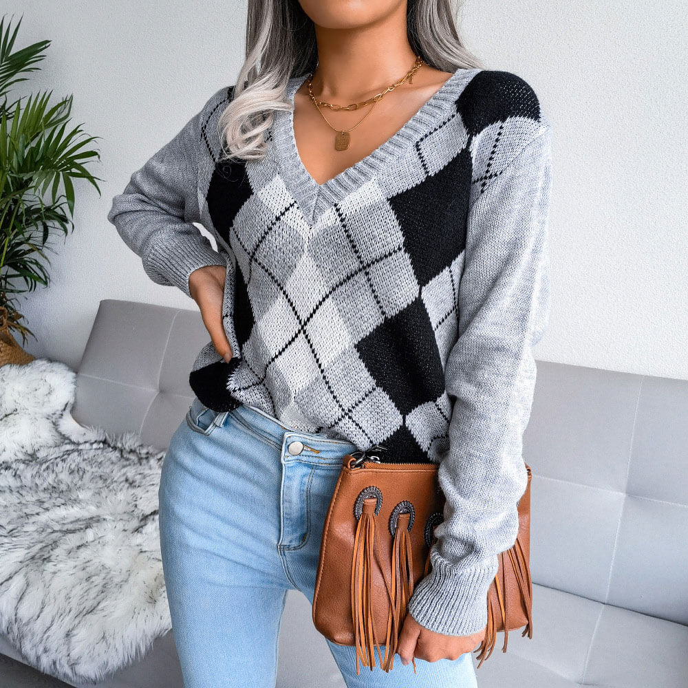 V Neck Sweater for Women - Oversized, White & Black Deep V