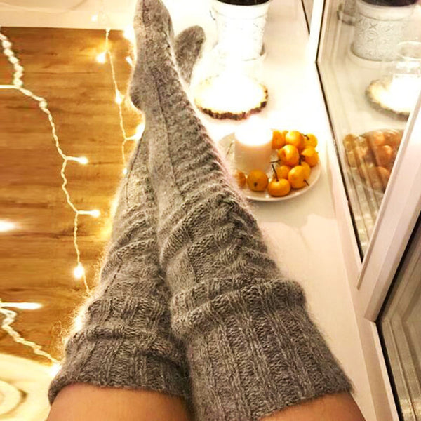 Preppy Style Monochrome Color Thigh High Cable Knit Socks
