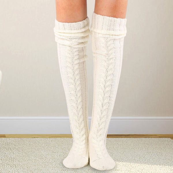 Preppy Style Monochrome Color Thigh High Cable Knit Socks