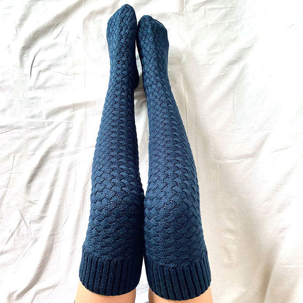 Preppy Style Solid Color Thigh High Textured Knit Socks