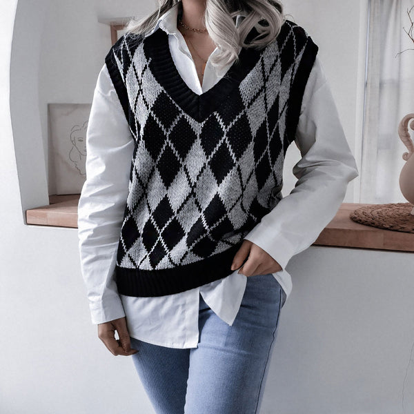 Preppy Style V Neck Argyle Pattern Jacquard Knit Sweater Vest