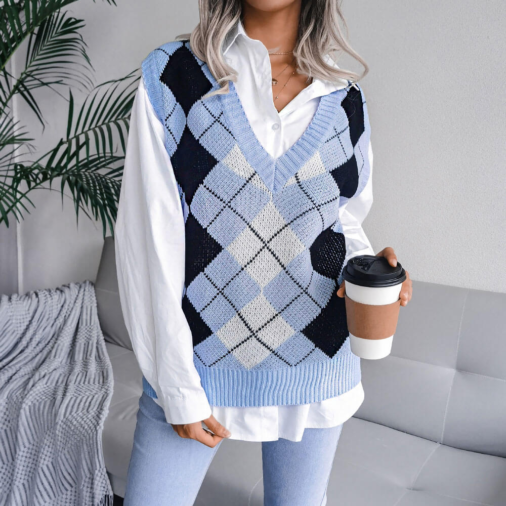 Argyle Sweater Vest for Women Pink, Brown, Blue & Green Knitted Vests